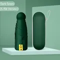 Dark green 6-rib mini folding umbrella with matching zipper case and UPF50+ protection - 5-Fold 6-Ribs Black Coating + Cloth Sleeve / Night Green