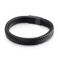 Men's braided black leather bracelet with a matte black magnetic steel clasp - Black (KB135317-KFC)