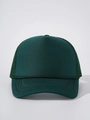 Close-up of a dark green mesh trucker hat featuring a breathable polyester back and curved brim - Adjustable / Dark Green