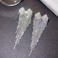 Detailed view of silver long tassel earrings with sparkling rhinestones and heart studs - Silver Hollow Heart Tassel (524)