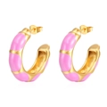 Pink enamel checkerboard pattern on gold stainless steel C-shaped hoop earrings - Rose Red