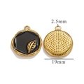 19mm round stainless steel pendant featuring black oil drip and golden leaf relief design - Round Small Leaf Pendant / Black