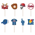 Detailed set of 8 baseball-themed cake toppers with vibrant colors on white background - Small Cupcake Toppers (J-0123-3)