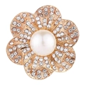 Elegant gold flower brooch featuring a large center pearl and sparkling rhinestone petals - Overlapping Rhinestone 5-Petal Flower