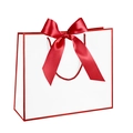 Elegant white paper gift bag featuring red ribbon bow and woven handles for shopping - Red Frame White Background; Horizontal Extra Small Size 19*15*7 Ribbon Style