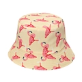 Detailed view of flamingo print bucket hat with beige fabric and pink patterns - Beige