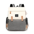 Large capacity cream and grey patchwork mommy backpack with brown leather straps - Beige & Grey