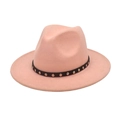 Close-up of pink wool fedora hat with black belt and silver stud rivet detailing - Dusty Pink