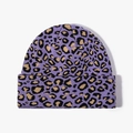 Berretto invernale in maglia con stampa leopardata viola e risvolto spesso a coste - Leopardo Viola