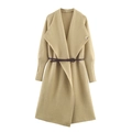 Elegant camel knit cardigan coat featuring oversized lapels and a slim leather belt - S / Yellow