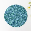 Handwoven round cotton placemat in blue, green, and white spiral pattern for heat resistance - Army Green Mixed