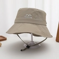 Detail of khaki outdoor bucket hat with mountain embroidery and adjustable chin strap - 52-54cm / Khaki