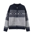 Women's blue and grey jacquard knit cardigan with geometric patterns and full zipper - S / Tops / Navy Blue