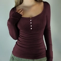 Y2K style burgundy long sleeve Henley top with lace detailing and white buttons - XS / Fuschia