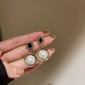 Vintage gold drop earrings featuring black oval gemstones and large white pearls - Gold (Silver Earring Post)