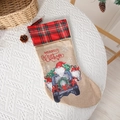 Burlap Christmas stocking with red plaid trim featuring Santa gnome in a red truck - Plaid Truck Dwarf Style