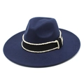 Close-up of navy wool fedora hat featuring black ribbon and delicate white bead trim - M (56-58cm) / Navy Blue