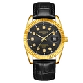 Mens luxury luminous quartz watch with black leather strap and gold fluted bezel - Black Strap Gold Case Black Dial Men's