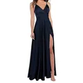 Détail d'une robe de soirée en satin avec une fente haute latérale et col en V plongeant - US 14 / Haut Et Bas / Bleu marine