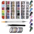Acrylic nail art decoration kit with rhinestones, glitters, dotting pen, and tweezers - 8-Piece Set (5 Boxes Accessories + Wax Pen + Tweezers + 10 Tapes)