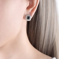 Silver-finished square stud earrings with cable twist detail and a black gemstone inlay - Steel Black Glass Earrings