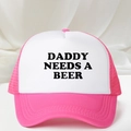 Pink and white trucker hat featuring Daddy Needs A Beer text with mesh back - One Size / Rose Red