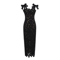 Elegant black lace midi dress with satin shoulder bows and intricate cutout embroidery - XS / Black