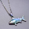 Close-up of rainbow gradient fish pendant with polished metal O-chain necklace - Rainbow Color + Necklace Chain