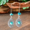 Bohemian teardrop earrings in antique silver finish with turquoise stone on wood - Teardrop Retro Carved Frame (HQEF-1734)