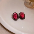 Vintage stud earrings with large oval deep red gemstone and black ornate filigree frame - 28# Silver Needle - Red - Oval