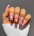 Long coffin press-on nails with pink matte base, red hearts and geometric patterns - Pink Heart Square Style (JP 1432)