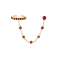 Detailed view of gold ear cuff and stud connected by a delicate red gemstone chain - 25-Gold Red Zirconia Ear Cuff Chain(Single)