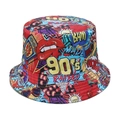 Detail of colorful 90s retro graffiti bucket hat with vibrant street art print patterns - M (56-58cm) / Red Blue Yellow American Graffiti (D)