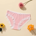 Pink ribbed low-waist briefs for women with white lace trim and a delicate bow detail - S(30) / Pink