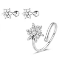 Elegant S925 sterling silver snowflake jewelry set with sparkling zircon earrings and ring - 925 Silver / Snowflake Earrings and Ring Set