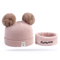 Pink knitted baby hat and scarf set with cute faux fur pom-poms and loveme more embroidery - Khaki Set
