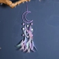 Handmade purple moon dreamcatcher with gradient feathers and soft pompons for room decor - Purple Moon
