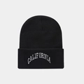 Detail of black knit beanie featuring white curved California embroidered lettering - CAL Letter Embroidery / Black