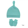 Detailed knit texture of newborn knotted hat and scratch mittens set in cyan blue - Cyan Lake Blue Hat and Mittens