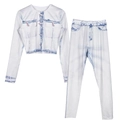 Set due pezzi bianco steso in piano con stampa trompe l'oeil denim blu realistica - S / Stampa Denim Blu