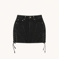 Dettaglio mini gonna in denim nero con rivetti in metallo e lacci laterali regolabili - S / Nero Selvaggio