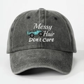 Detail of washed cotton baseball cap with blue off-road car and Messy Hair slogan - One Size / Black