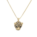 Gold leopard head pendant necklace with blue gemstone eyes and clear crystals - Gold Leopard Head With Blue Eyes