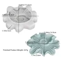 Detailed macro view of spiral petal tray silicone mold with dimensions and blue resin cast - D6061-Spiral Tray Silicone Mold
