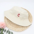 Detail of red letter C embroidery on a cream cotton bucket hat for outdoor leisure - M (56-59cm) / Off White