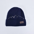 Dark blue winter knit beanie featuring grey mountain pattern and brown leather patch - Navy Blue