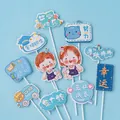 10-piece set of graduation cake toppers with cartoon school bus and book designs - Hat Child Happy Graduation
