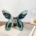 Elegant blue and green gradient butterfly hair claw clip with golden metal spring - Blue Green Morpho 11.5CM