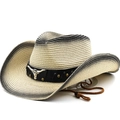 Western cowboy straw hat with bull head emblem and vintage gradient brim finish - Beige Black Gradient