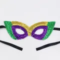 Colorful Mardi Gras sequin mask in purple, gold and green with black ribbons - Sequin Mask Style B-Purple